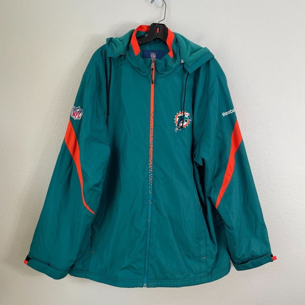 Miami Dolphins Reebok NFL Onfield Jacket Mens XL Teal & Orange Hooded Full Zip